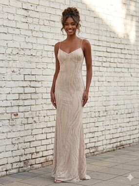 Y2K Nude Glitter Maxi Dress Open Back Prom Formal Gown Pageant Bodycon XS